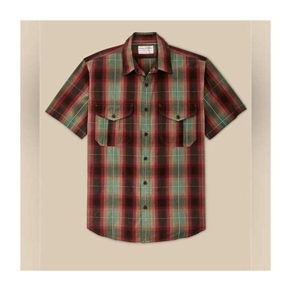 NWT Filson M's Washed SS Feather Cloth Shirt- Green/Red/ Black Ombre